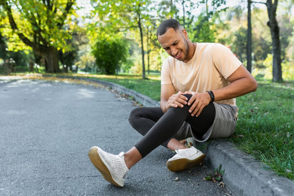 Man with knee pain after jogging, sitting on ground and holding leg